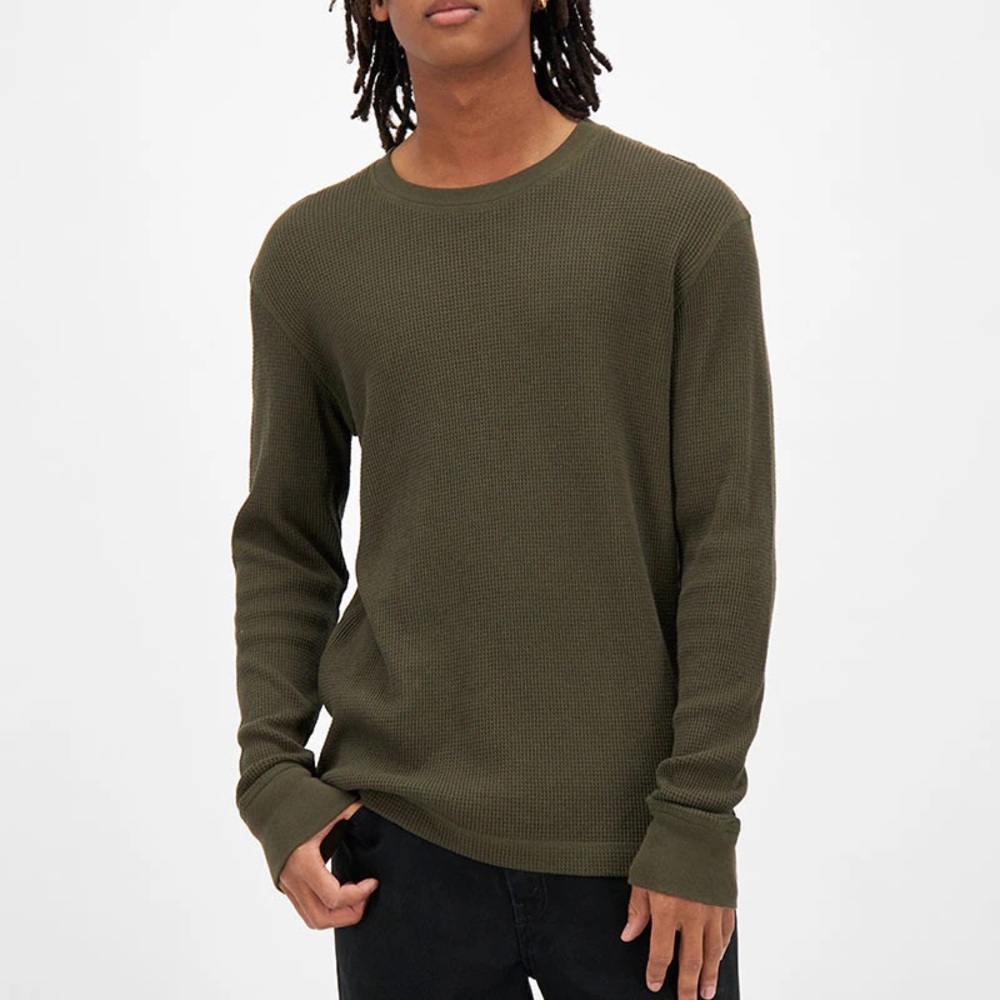 PUBLIC OPINION Mens Olive Green Brown Thermal Long Sleeve Tee Waffle T-shirt